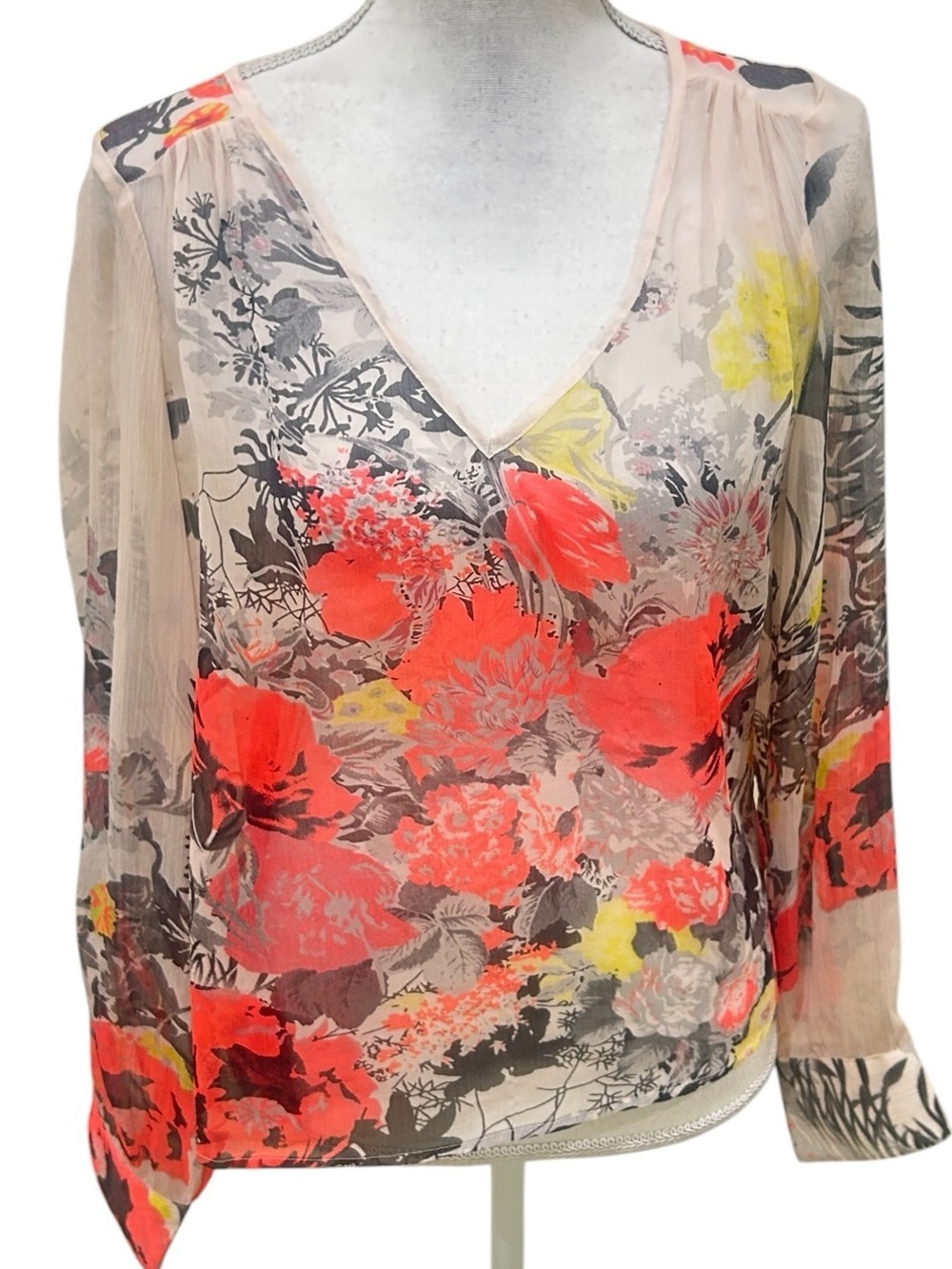 Buffalo David Bitton Sheer Floral V-Neck Blouse neon Coral cream yellow medium